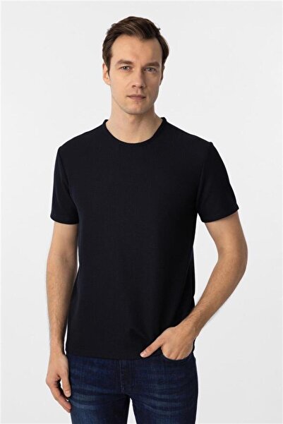 SÜVARİ Lacivert Slim Armürlü Bisiklet Yaka Tişört