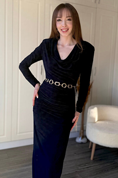 Dilay Gökoğlu Butik Shoulder Pad Piece Long Sleeve Degaje Collar Midi Navy Bl...