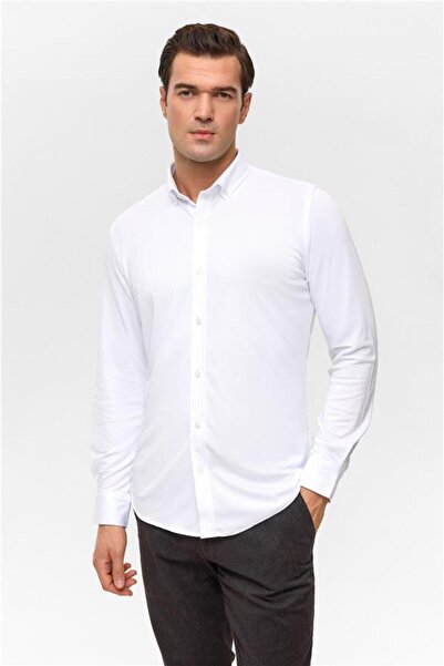 SÜVARİ Beyaz Slim Armürlü Düğmeli Yaka Gömlek