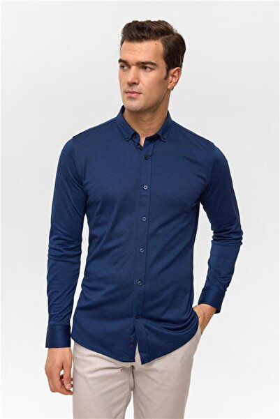 SÜVARİ Lacivert Slim Armürlü Düğmeli Yaka Gömlek