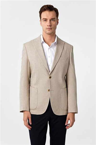 SÜVARİ Bej Slim Desenli Sivri Yaka 6 Drop Ceket