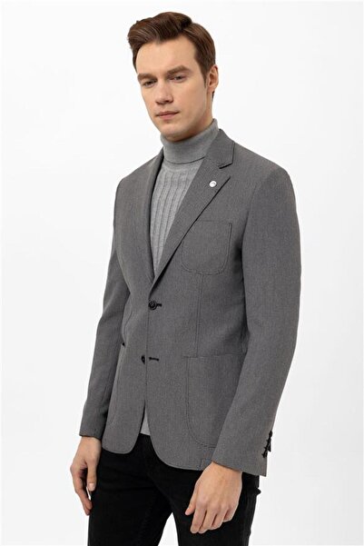 SÜVARİ Antrasit Slim Armürlü Mono Yaka 6 Drop Ceket