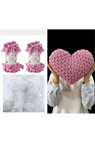 Alize Kalp Yastık Puffy Malzemesi 2 Adet Puffy 98 Gül Ve 200 Gr. Boncuk Elyaf Seti