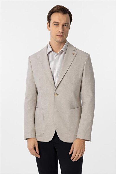 SÜVARİ Bej Slim Armürlü Mono Yaka 6 Drop Ceket