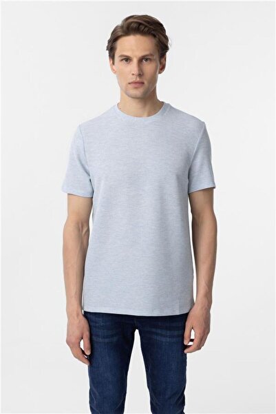 SÜVARİ Mavi Regular Armürlü Bisiklet Yaka Tişört