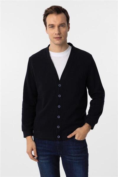 SÜVARİ Navy Blue Regular Dobby V-Neck Cardigan