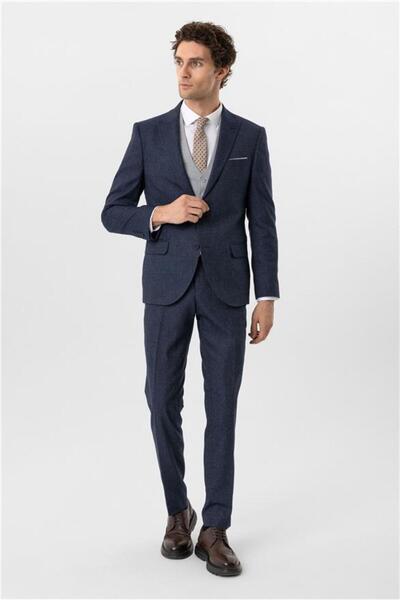 SÜVARİ Lacivert Slim Desenli Sivri Yaka 6 Drop Yelekli Takım Elbise