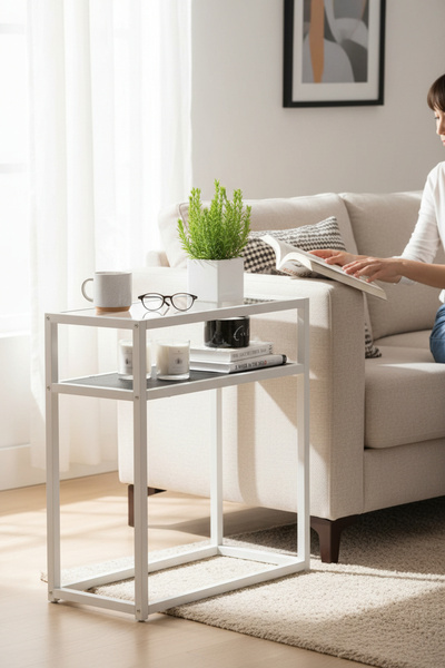 TOLIAHOME Metal İskeletli Siyah-Beyaz Renk Şeffaf Temper Camlı 2 Katlı Yan Se...