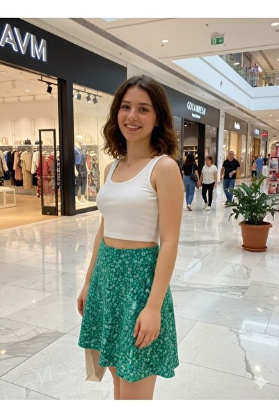 LADY HAZAL Green Daisy Floral Print Mini Skirt - Helen Fabric with Full Fit S...