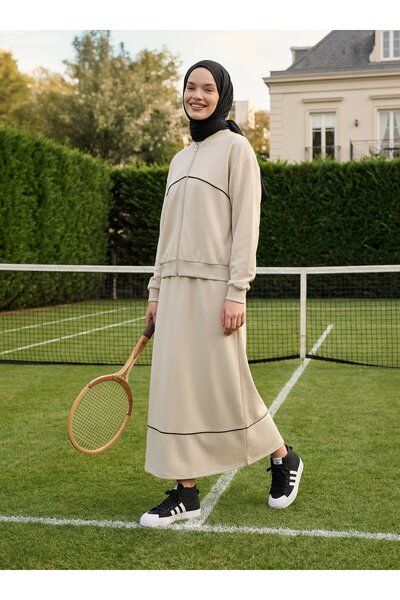 Benin Stripe Detailed Zippered Sweatshirt & Long Skirt Set - Stone Color -