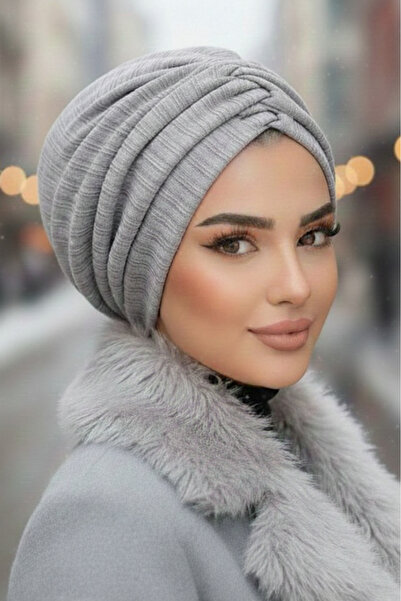 Aişe tesettür Beyaz Gri Kışlık Büzgülü Bone