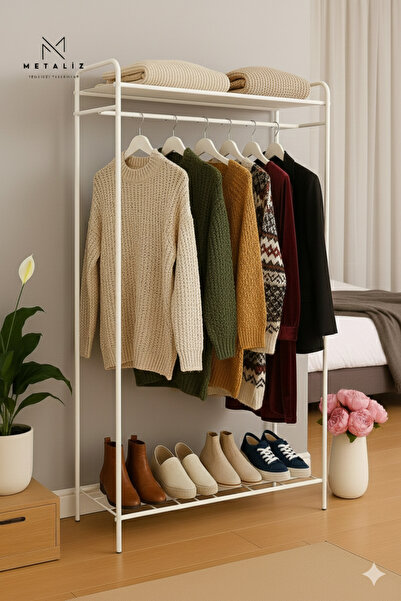 Metaliz Metal Elbise Askılığı & Ayakkabılık – Taşınabilir Giyim Organizeri-Ra...
