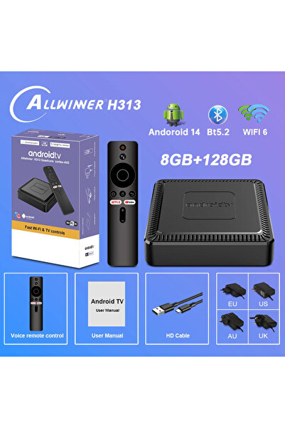 Choice صندوق تلفاز ذكي Q7 جديد 2025 بمقبس أوروبي 8 جيجابايت و128 جيجابايت يعمل بنظام Android14 Allwinner H313 8 جيجابايت + 128 جيجابايت ذاكرة قراءة فقط ثنائي النطاق واي فاي 6 B