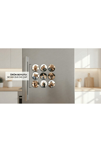 Bee Craft Co 58mm Magnet-Yuvarlak Buzdolabı Magneti-9'lu Paket ,Yazı,Fotoğraf...