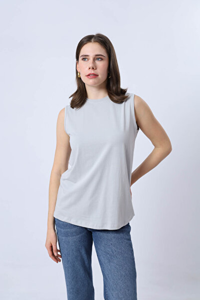 the basics طاقم الرقبة بلا أكمام القطن ليكرا تي شيرت