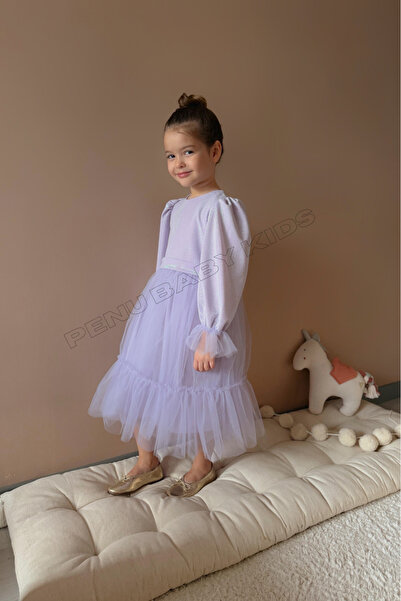 penu baby kids Lilac Sparkling Fabric Ruffled Long Skirt Long Sleeve Girls' Dress Baby Girl Dress