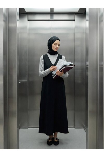 Refka Kalın Askılı Cep Detaylı Tesettür Elbise - Siyah -