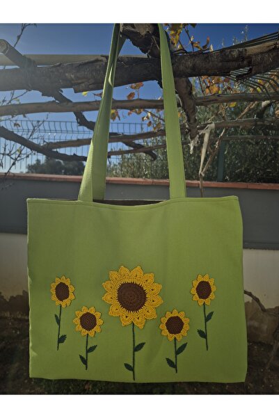 Handream Büyük Ay Çiçekli Fıstık Yeşili Bez Çanta