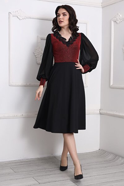 Rokka Moda Şifon Kol Önü Simli Midi Elbise