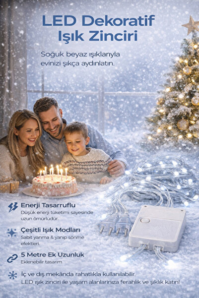 Princo LED Beyaz Prizli Süsleme Işığı,Yılbaşı, Parti, Ev ve Bahçe Aydınlatma Zincirli 5 M+ 5M ek uzunluk