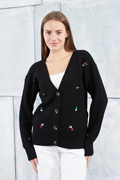 LUGMO Women's Knitwear Cardigan Flower Standard Size Black