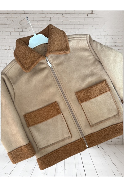 REIZ معطف للأطفال من الجنسين مصنوع من جلد الغزال مع بطانة من الفرو وجيوب مبطن...