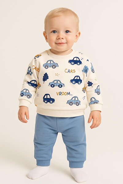 dinamik çocuk Erkek Bebek/Çocuk Arabas Desenli 2'li Takım Sweatshirt ve Eşofm...