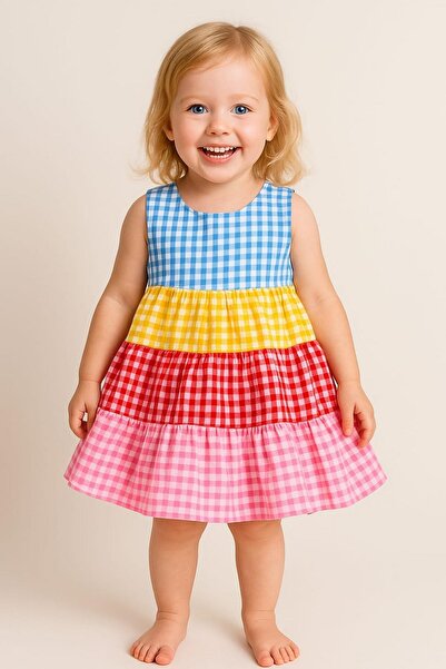 dinamik çocuk Girl's Colorful Gingham Plaid Sleeveless Dress Summer 2-3-4-5 Y...