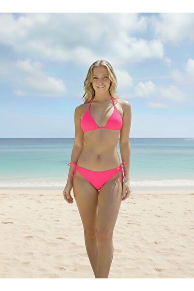 FUNELLA Highlighter Pink Side and Neck Tie Adjustable Triangle Stylish Women's Bikini Set