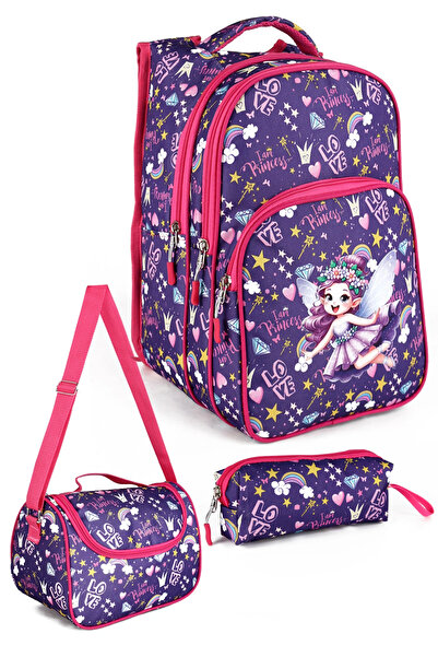LUGMO 3 Lü İlkokul Çanta Seti Kız Çocuk Çantası Astarlı Love Kelebek Mor