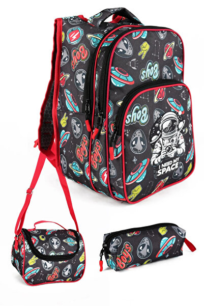 LUGMO 3 Lü İlkokul Çanta Seti Erkek Çocuk Çantası Astarlı Astronot Siyah