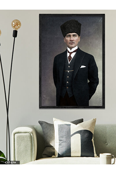 CeSht Mustafa Kemal Atatürk Tek Parça Siyah Ahşap Çerçeveli Tablo