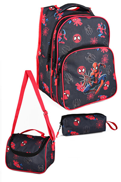 LUGMO 3 Lü İlkokul Çanta Seti Erkek Çocuk Çantası Astarlı Örümcek Adam Siyah
