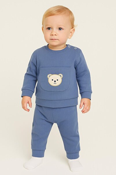 dinamik çocuk Erkek Bebek/Çocuk Ayıcık Nakışlı Ribanalı 2'li Takım Sweatshirt...