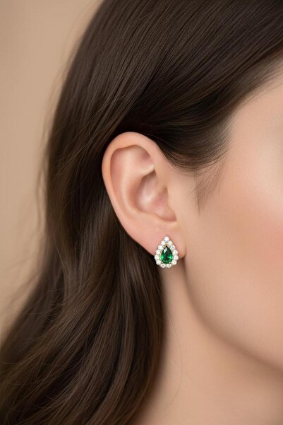 Çgk Çiğdem Gürel Kuyumculuk Yeşil Damla Çivi Küpe