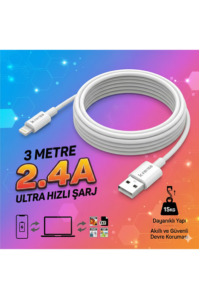 FaroxTech ŞARJ KABLOSU 3 METRE 2.4A ULTRA GÜÇLÜ VE DAYANIKLI LİGHTNİNG İPHONE...