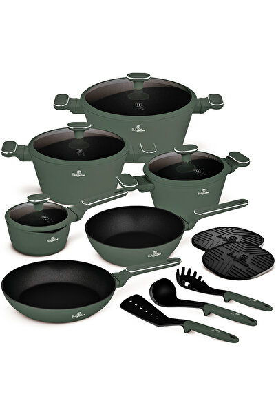 Berlinger Haus Σετ μαγειρικών σκευών τιτανίου με αντικολλητικά τηγάνια 15 τεμαχίων για όλες τις εστίες, Συλλογή Matte Green