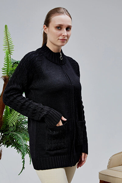 LUGMO Tricotaj de damă Cardigan cu buzunar cu fermoar Mărime standard Negru