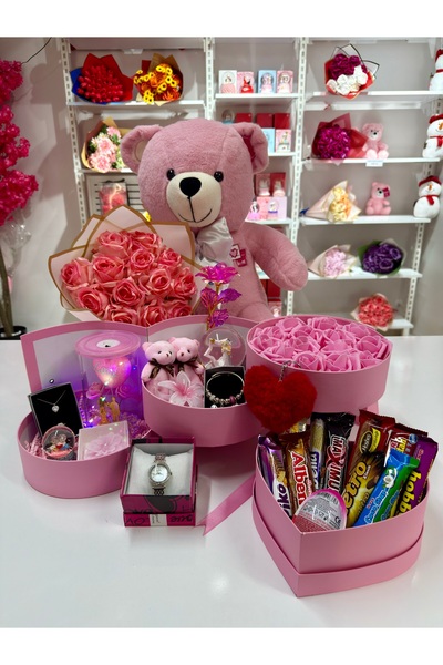 AYIEVRENİ Pembe Kat Kat Mutluluk Evreni Sevgiliye Hediye Kutusu Çikolatalı Set