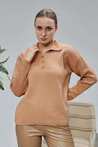 LUGMO Дамски пуловер с поло яка, голям размер, бродиран с флорални мотиви, цв...