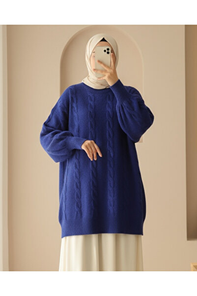 Modamorfo Hair Braid Pattern Soft Knitwear Sweater - Navy