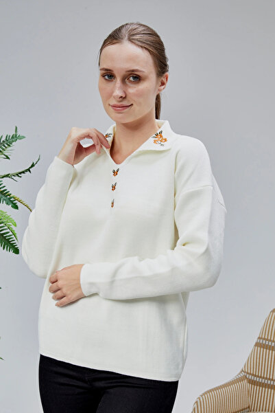 LUGMO Дамски пуловер с поло яка, голям размер, бродиран с флорални мотиви, екрю