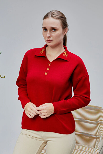 LUGMO Pulover de damă cu guler polo oversize cu broderie florală roșu