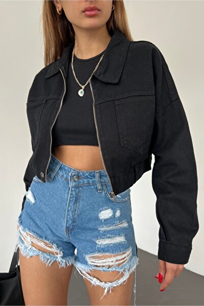 Fav Style سترة نسائية من قماش الدنيم بجيب مزدوج وسحاب للإغلاق باللون الأسود