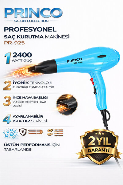 Princo مجفف شعر احترافي، مجفف شعر وتصفيف الشعر 2400 واط، أزرق PR925