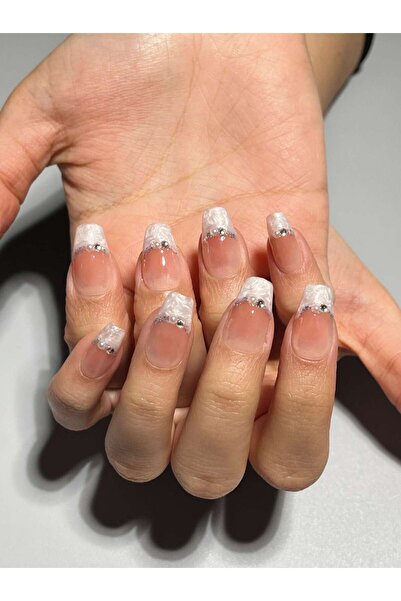 wow kutu 186 S Beden Nude French İncili Taşlı Protez Jel Takma Tırnak Ve Aksesuarlar