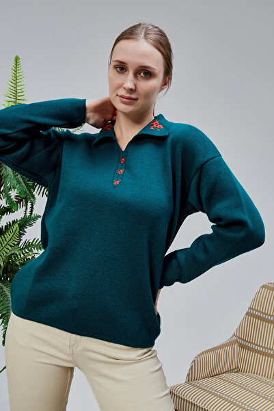 LUGMO Pulover de damă cu guler polo oversize cu dungi cu 4 nasturi, verde