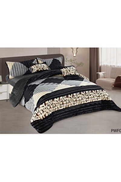 Roshen طقم مفرش 6قطع نفرين شتوي حشوة وسط مخمل ناعم مع فرو سادة ذو وجهين خامة ...