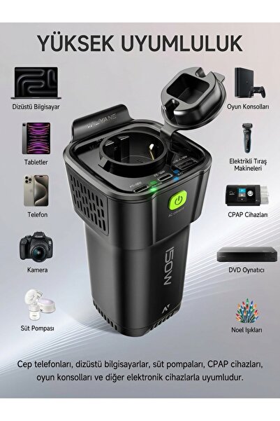 NEFFO 5’i 1 Arada 150W Araç Elektrik Adaptörü – 12V to 220V İnvertör, USB & T...