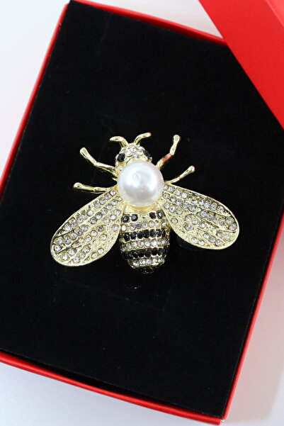 Judge of the hive Queen Bee Brooch, Gold colored crystal stone design pearl bee collar pin